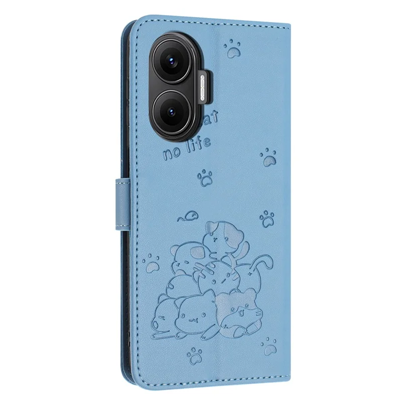 Für Xiaomi Poco F7 5G / Redmi Turbo 4 Pro 5G Brieftasche Handyhülle mit Katzen-Motiv aus Leder mit Trageriemen - Blau