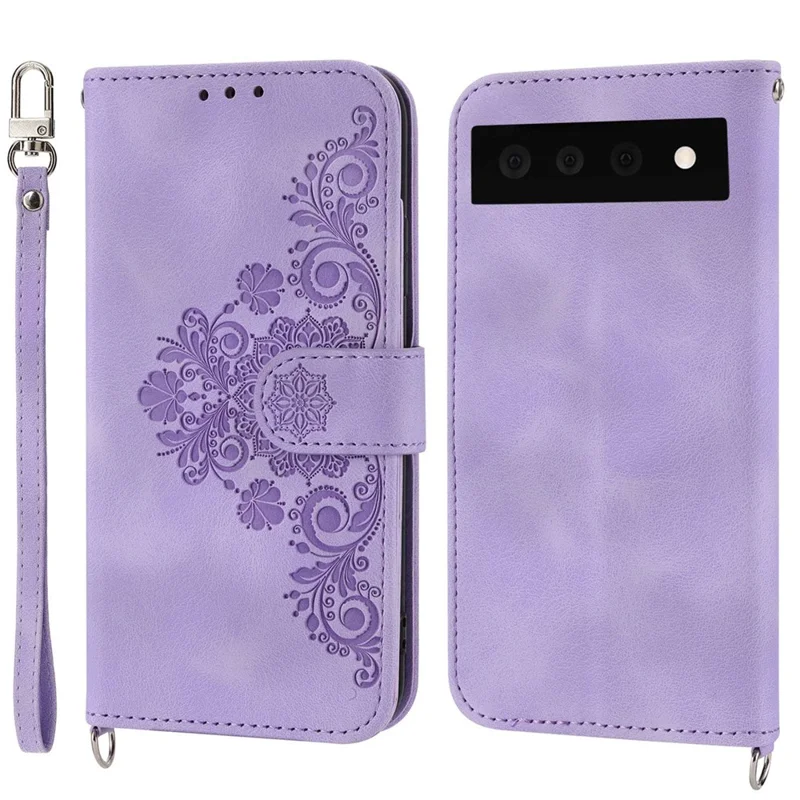 Для Google Pixel 7 Pro 5G Imprinted Flowers PU Leather Stand Multiple Card Slots Case Skin-touch Phone Cover with Wrist Strap and Shoulder Strap - Light Purple
