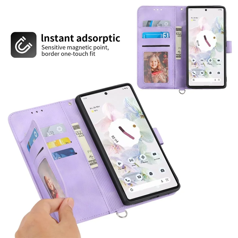 Для Google Pixel 7 Pro 5G Imprinted Flowers PU Leather Stand Multiple Card Slots Case Skin-touch Phone Cover with Wrist Strap and Shoulder Strap - Light Purple