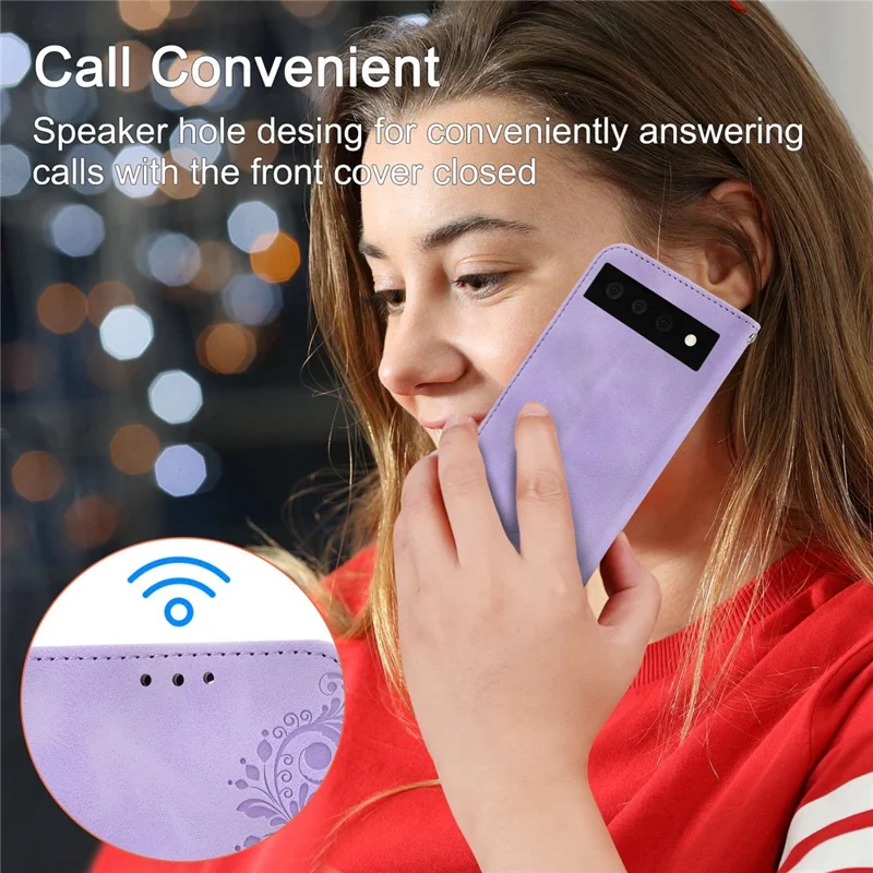 Для Google Pixel 7 Pro 5G Imprinted Flowers PU Leather Stand Multiple Card Slots Case Skin-touch Phone Cover with Wrist Strap and Shoulder Strap - Light Purple