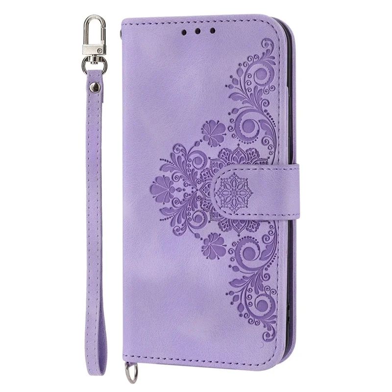 Для Google Pixel 7 Pro 5G Imprinted Flowers PU Leather Stand Multiple Card Slots Case Skin-touch Phone Cover with Wrist Strap and Shoulder Strap - Light Purple