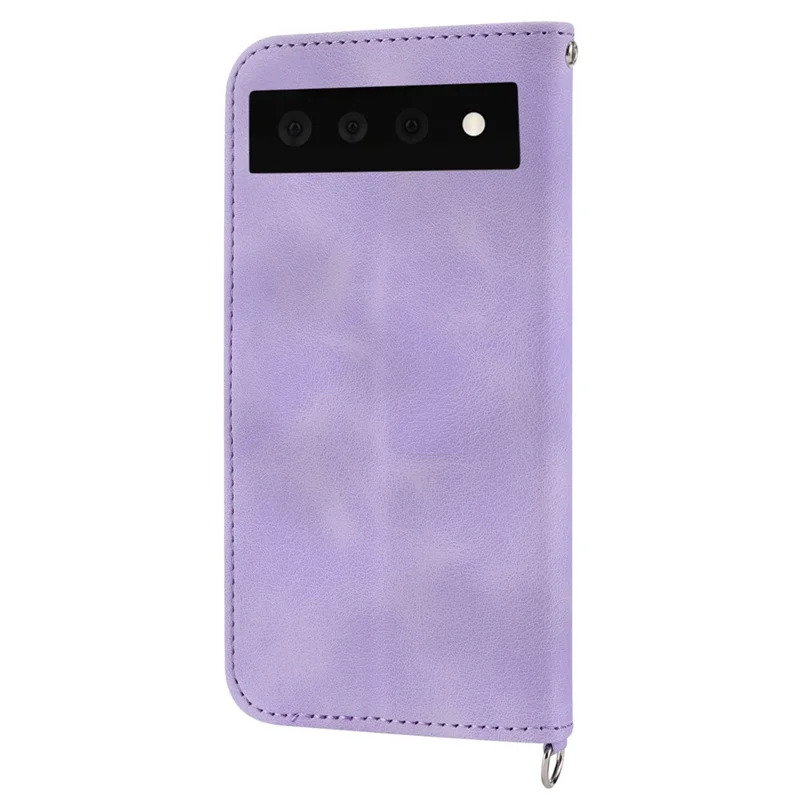 Для Google Pixel 7 Pro 5G Imprinted Flowers PU Leather Stand Multiple Card Slots Case Skin-touch Phone Cover with Wrist Strap and Shoulder Strap - Light Purple