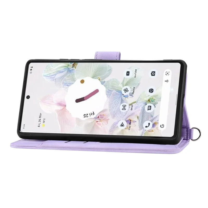 Для Google Pixel 7 Pro 5G Imprinted Flowers PU Leather Stand Multiple Card Slots Case Skin-touch Phone Cover with Wrist Strap and Shoulder Strap - Light Purple