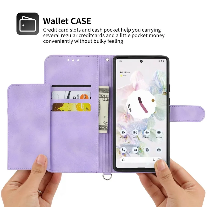 Для Google Pixel 7 Pro 5G Imprinted Flowers PU Leather Stand Multiple Card Slots Case Skin-touch Phone Cover with Wrist Strap and Shoulder Strap - Light Purple