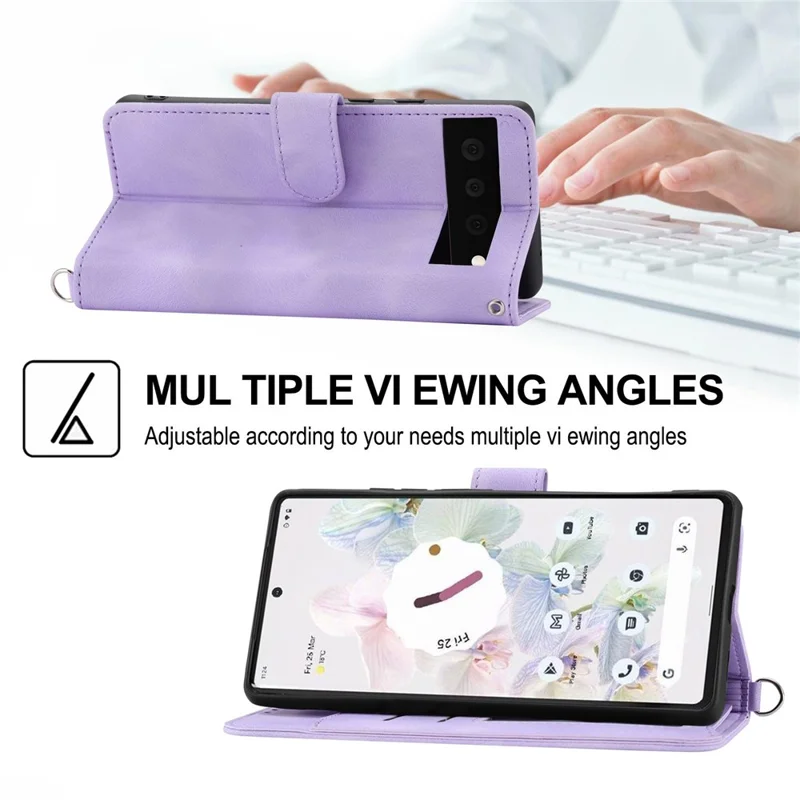 Для Google Pixel 7 Pro 5G Imprinted Flowers PU Leather Stand Multiple Card Slots Case Skin-touch Phone Cover with Wrist Strap and Shoulder Strap - Light Purple