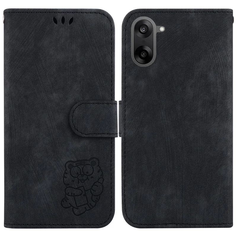 For OnePlus Nord CE5 5G Wallet Case Tiger Imprint Leather Shockproof Phone Cover with Wrist Strap - Black