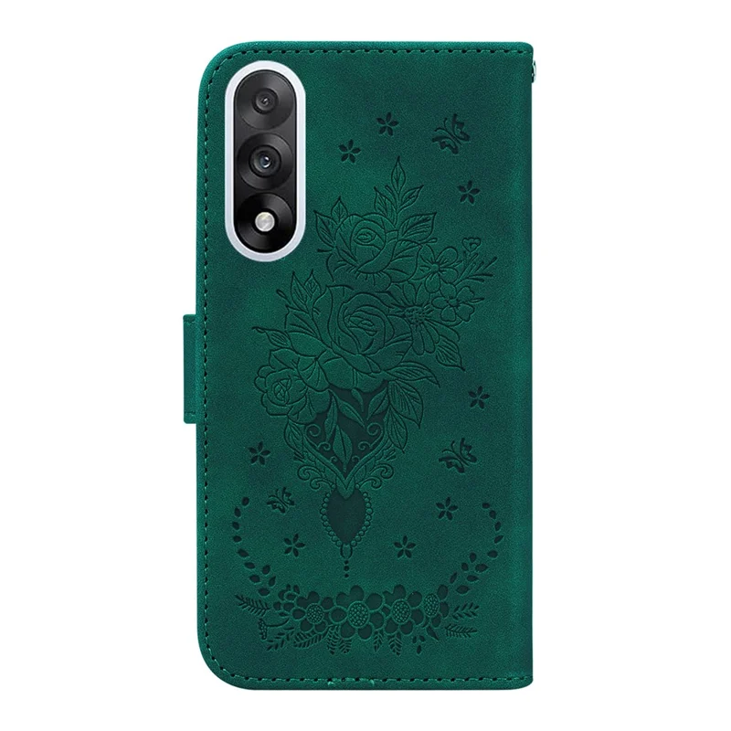Чехол для OnePlus Nord 5 5G с рисунком "Бабочка и Цветок" из искусственной кожи с отделением для карт и ремешком - Зеленый