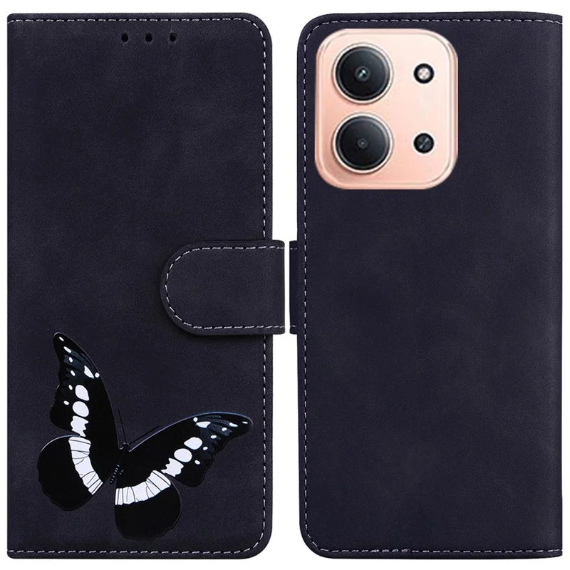 Pour Xiaomi Redmi 15C 4G (173mm) Étui Support en Cuir PU Housse de Téléphone Imprimé Papillon - Noir