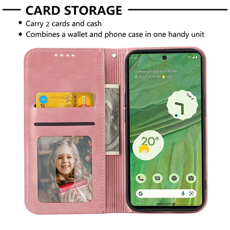 For Google Pixel 7 5G Rhombus Pattern Imprinted Calf Texture PU Leather Stand Case Magnetic Auto Closing Wallet Phone Cover with Strap - Rose Gold