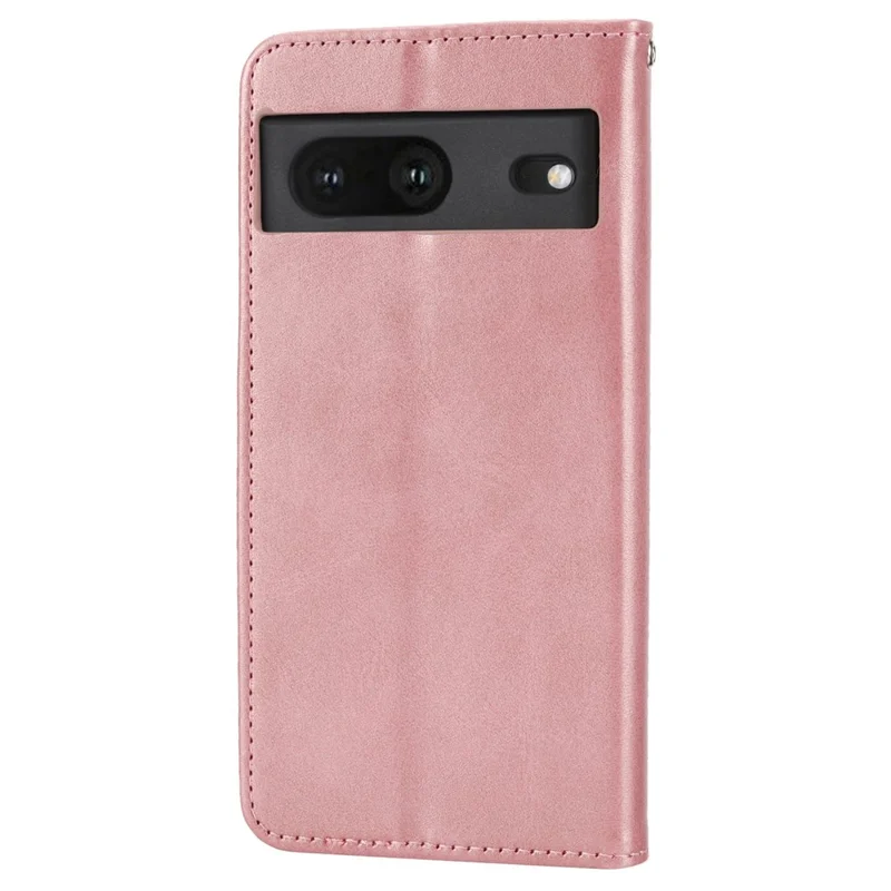 For Google Pixel 7 5G Rhombus Pattern Imprinted Calf Texture PU Leather Stand Case Magnetic Auto Closing Wallet Phone Cover with Strap - Rose Gold