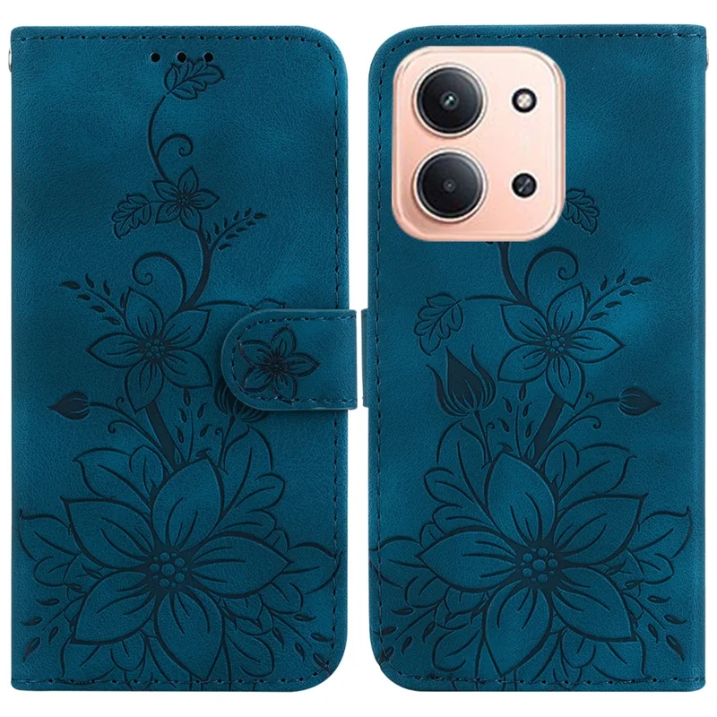 For Xiaomi Redmi 15C 5G (EU) (173mm) / 15C 4G (EU) (173mm) Stand Case Lily Flower Imprint Leather Phone Cover with Wrist Strap - Dark Blue