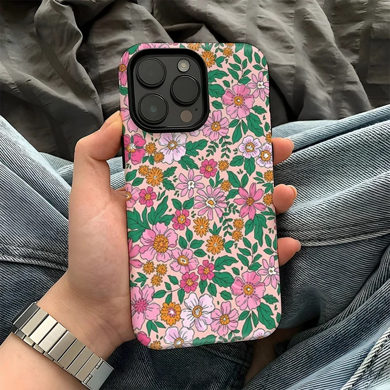 Чехол для iPhone 16 Pro Max с двойным слоем TPU + PC с термопереносом, цветочным дизайном и глянцевым покрытием - Разноцветный цветок