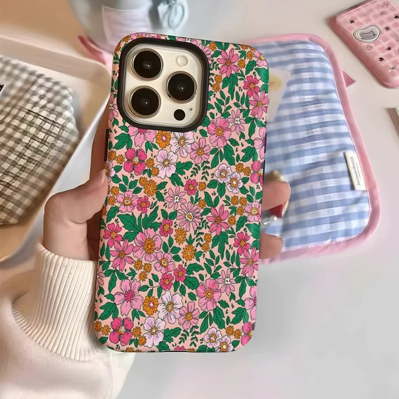Чехол для iPhone 16 Pro Max с двойным слоем TPU + PC с термопереносом, цветочным дизайном и глянцевым покрытием - Разноцветный цветок