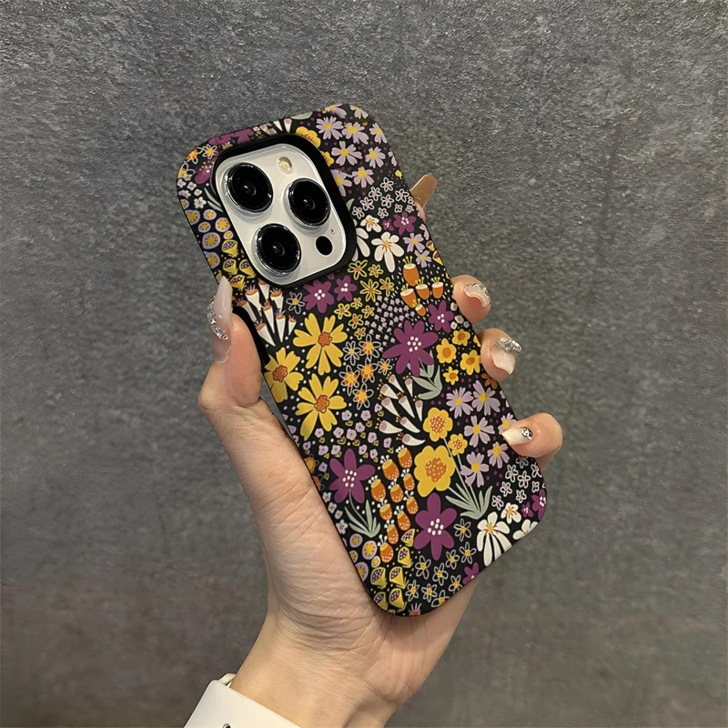 For iPhone 16 Pro Max Case Double Layer TPU + PC Heat Transfer Floral Design Glossy Phone Cover - Purple Flower