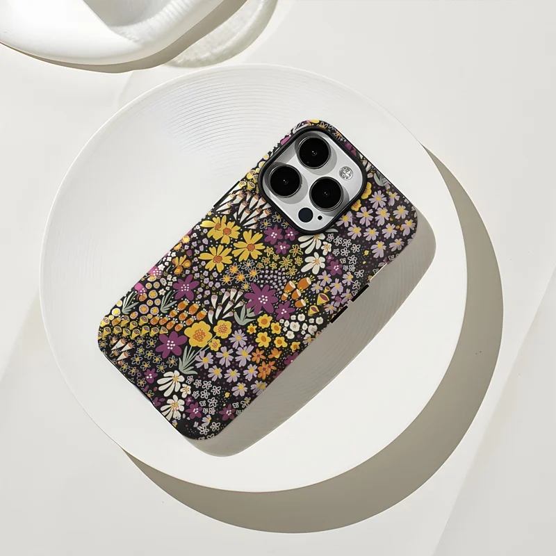 For iPhone 16 Pro Max Case Double Layer TPU + PC Heat Transfer Floral Design Glossy Phone Cover - Purple Flower