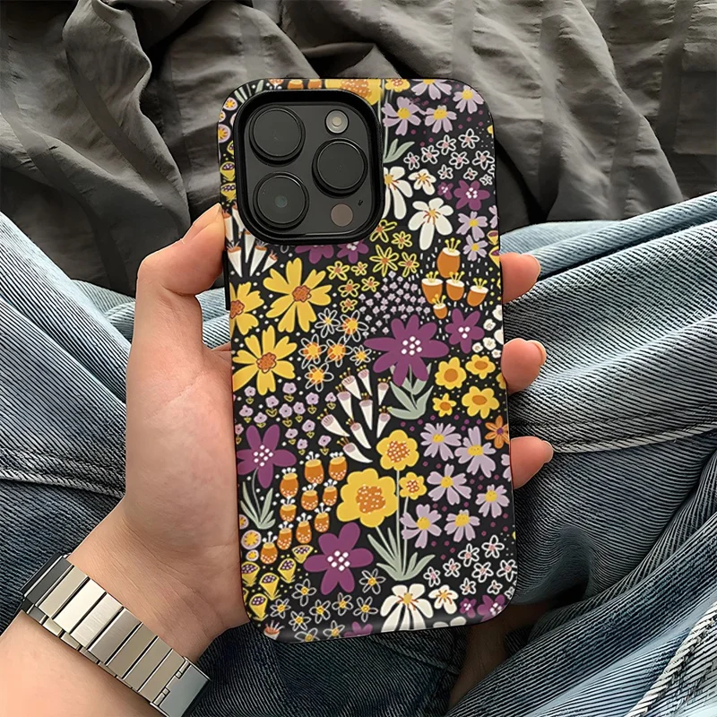 For iPhone 16 Pro Max Case Double Layer TPU + PC Heat Transfer Floral Design Glossy Phone Cover - Purple Flower