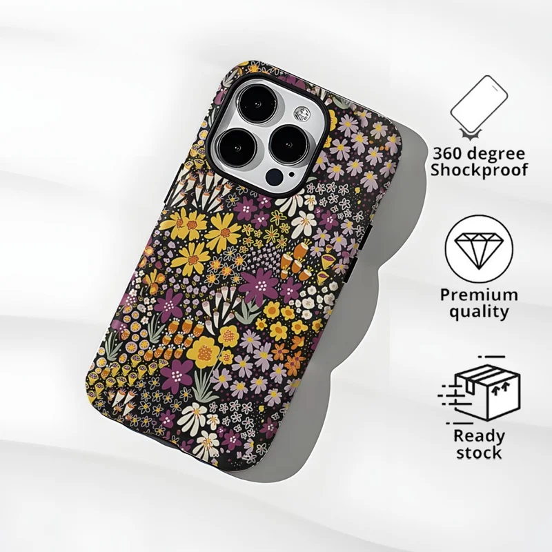 For iPhone 16 Pro Max Case Double Layer TPU + PC Heat Transfer Floral Design Glossy Phone Cover - Purple Flower