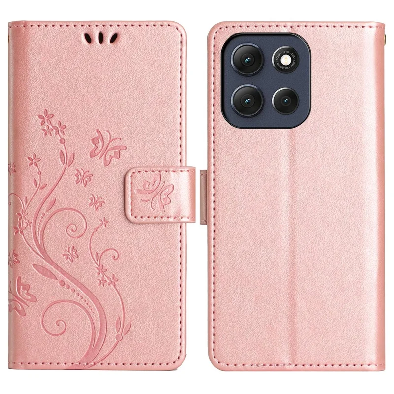 Pour Motorola Moto G86 5G Étui Portefeuille en Cuir Motif Papillon et Fleur avec Dragonne - Or Rose