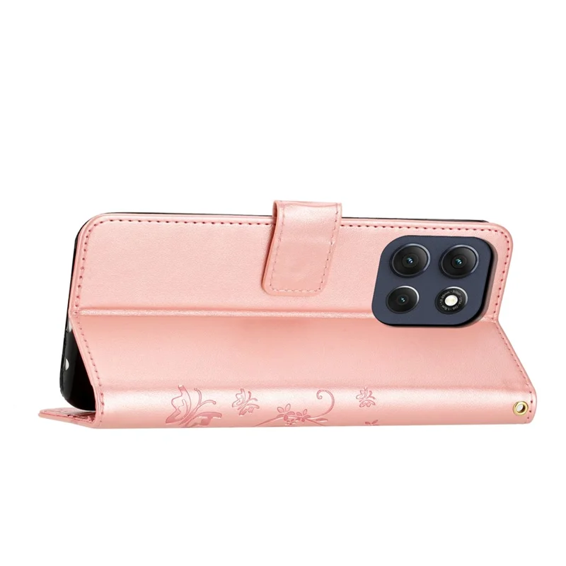 Pour Motorola Moto G86 5G Étui Portefeuille en Cuir Motif Papillon et Fleur avec Dragonne - Or Rose