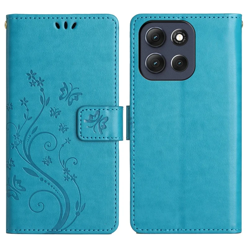 For Motorola Moto G86 5G Leather Wallet Case Butterfly Flower Imprinted Phone Cover with Strap - Blue