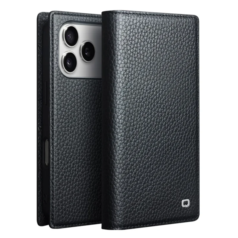 QIALINO For iPhone 17 Pro Wallet Case Compatible with MagSafe Detachable Genuine Cow Leather Phone Cover - Black / Litchi Texture