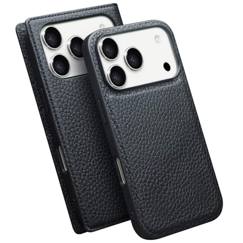 QIALINO For iPhone 17 Pro Wallet Case Compatible with MagSafe Detachable Genuine Cow Leather Phone Cover - Black / Litchi Texture