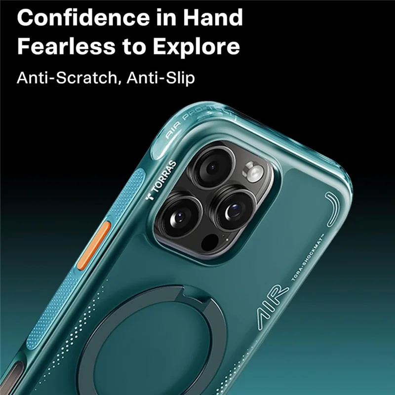 TORRAS Ostand Q3 Air Series لجهاز iPhone 16 Pro غطاء واقي بحامل قابل للدوران ومتوافق مع MagSafe، مقاوم للصدمات ومصنوع من مادة PC + TPU (تعبئة أمازون، بدون رمز EAN) - أزرق