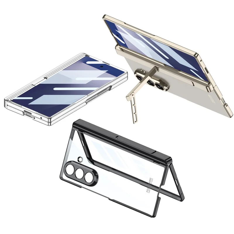 GKK For Samsung Galaxy Z Fold7 5G Crystal Clear Case Magnetic Hinge Protection PC Tempered Glass Kickstand Phone Cover - Silver