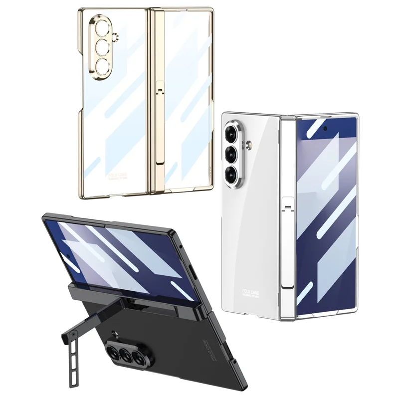 GKK For Samsung Galaxy Z Fold7 5G Crystal Clear Case Magnetic Hinge Protection PC Tempered Glass Kickstand Phone Cover - Silver