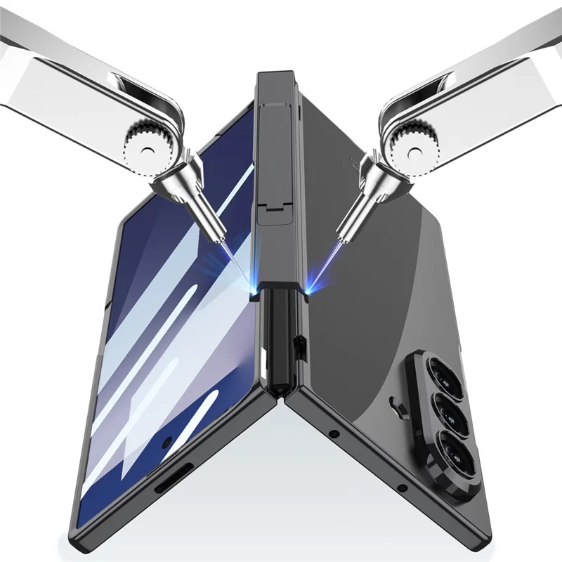 GKK For Samsung Galaxy Z Fold7 5G Crystal Clear Case Magnetic Hinge Protection PC Tempered Glass Kickstand Phone Cover - Silver