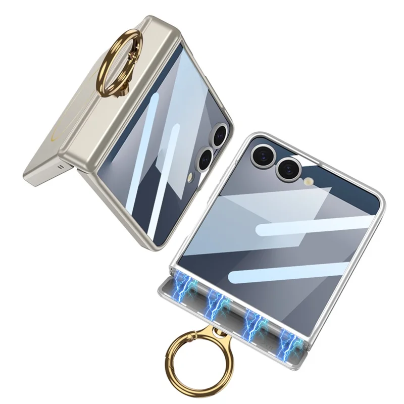 GKK Für Samsung Galaxy Z Flip7 5G Magnetische Hülle mit Ringhalter, PC Panzerglas Handyhülle - Titaniumgrau