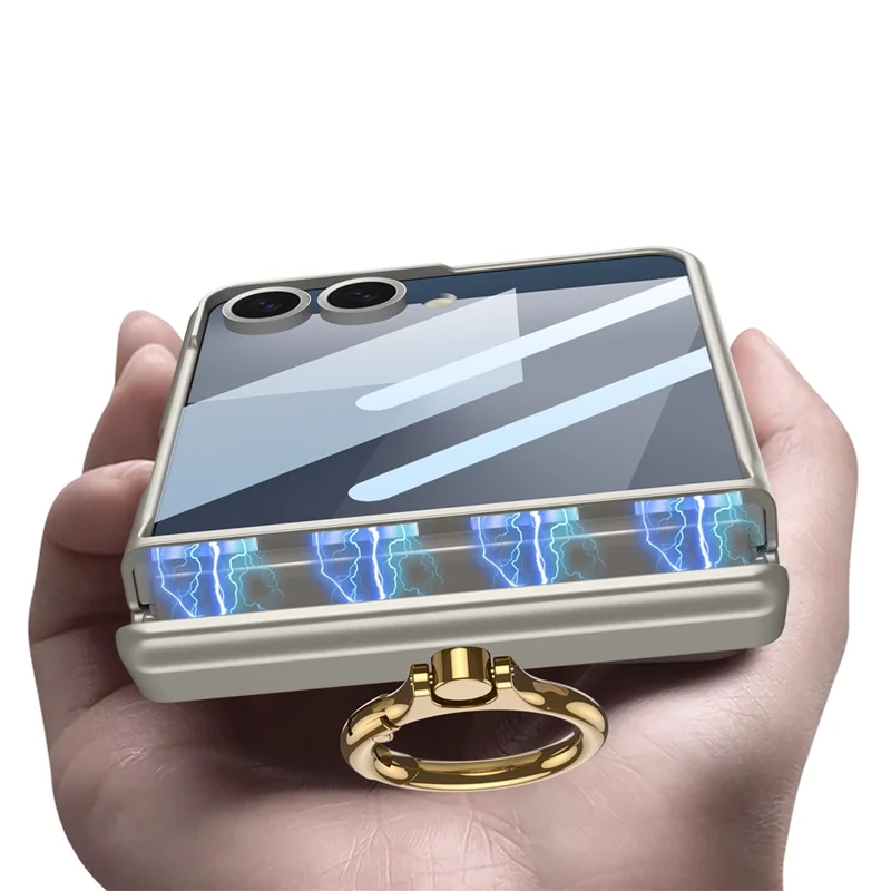 GKK Für Samsung Galaxy Z Flip7 5G Magnetische Hülle mit Ringhalter, PC Panzerglas Handyhülle - Titaniumgrau