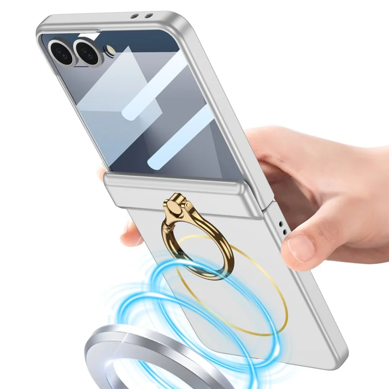 GKK Für Samsung Galaxy Z Flip7 5G Magnetische Hülle mit Ringhalter, PC Panzerglas Handyhülle - Titaniumgrau