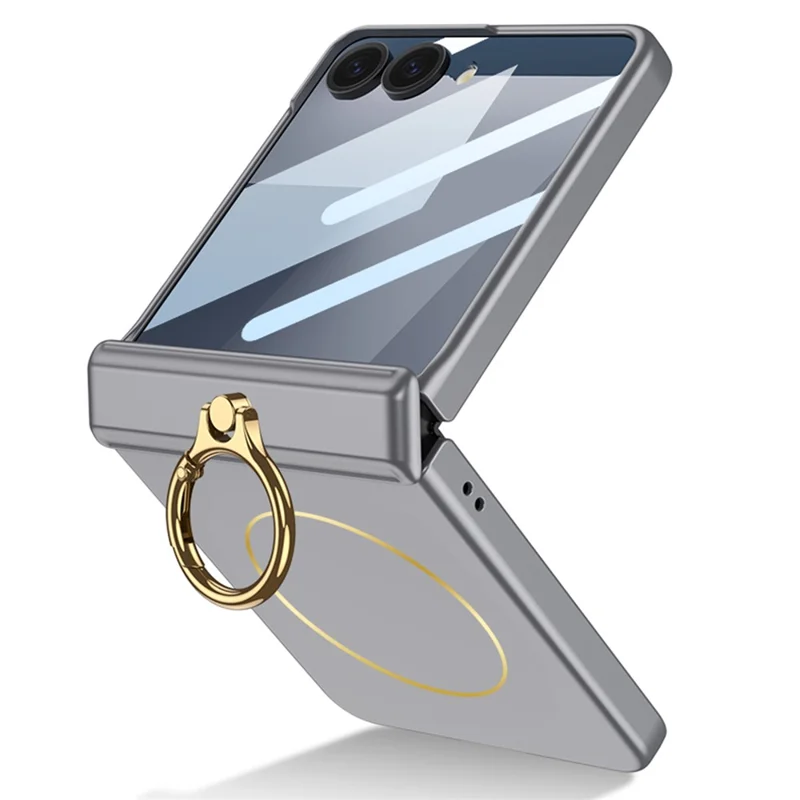 GKK Für Samsung Galaxy Z Flip7 5G Magnetische Hülle mit Ringhalter, PC Panzerglas Handyhülle - Titaniumgrau