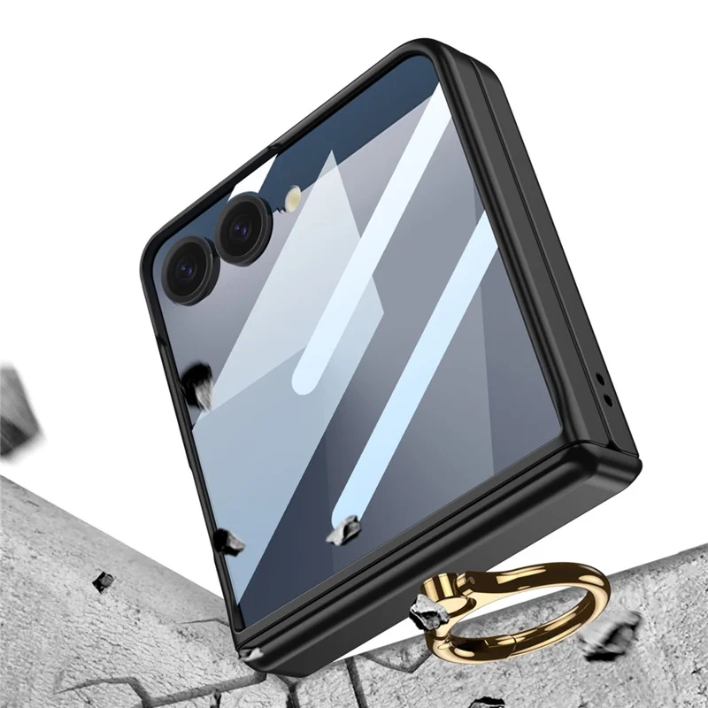 GKK Für Samsung Galaxy Z Flip7 5G Magnetische Hülle mit Ringhalter, PC Panzerglas Handyhülle - Titaniumgrau