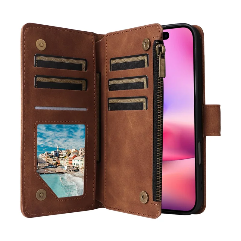 Funda tipo cartera con cremallera para iPhone 17, con múltiples ranuras para tarjetas, cubierta de cuero con correa de muñeca - Marrón