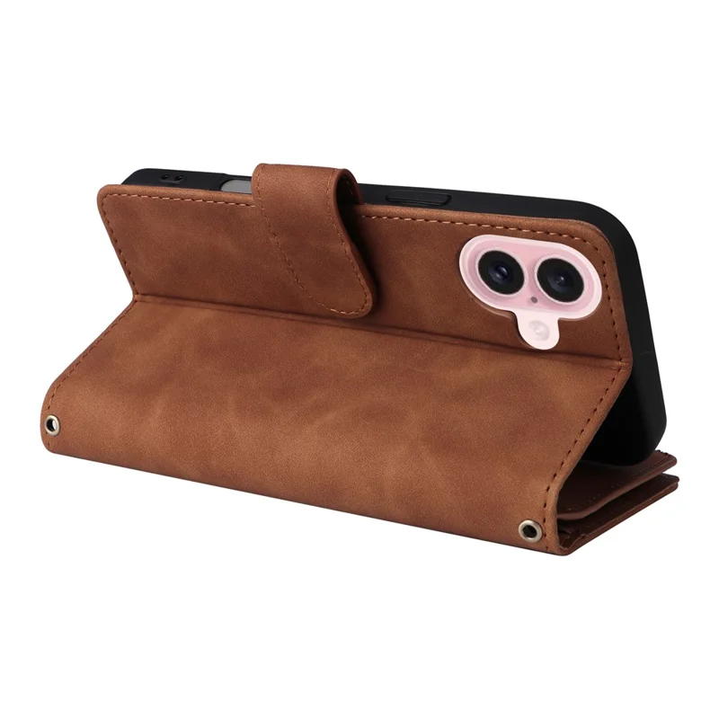 Funda tipo cartera con cremallera para iPhone 17, con múltiples ranuras para tarjetas, cubierta de cuero con correa de muñeca - Marrón