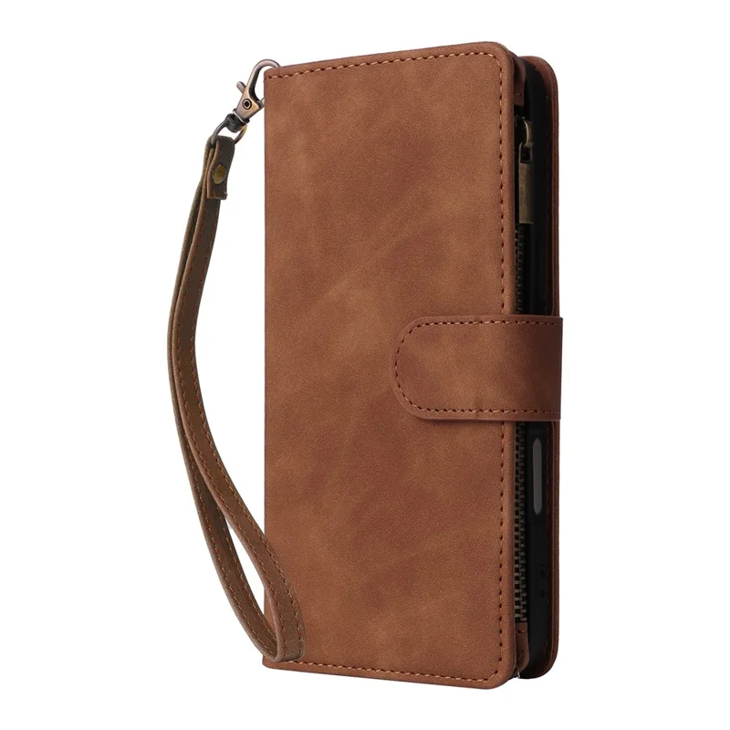 Funda tipo cartera con cremallera para iPhone 17, con múltiples ranuras para tarjetas, cubierta de cuero con correa de muñeca - Marrón