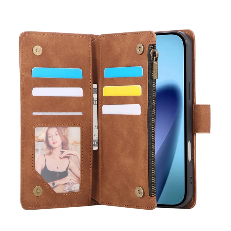 Custodia con Cerniera per iPhone 17 con Portafogli Multipli Slot per Carte, Cover in Pelle con Cinturino da Polso - Marrone