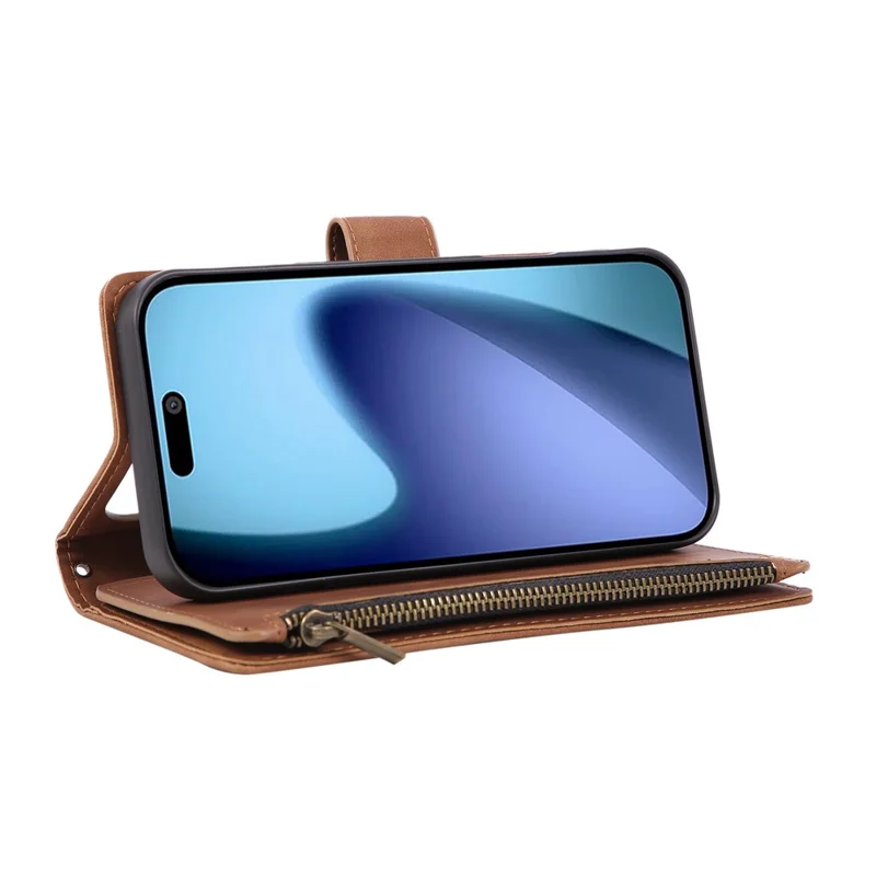Custodia con Cerniera per iPhone 17 con Portafogli Multipli Slot per Carte, Cover in Pelle con Cinturino da Polso - Marrone