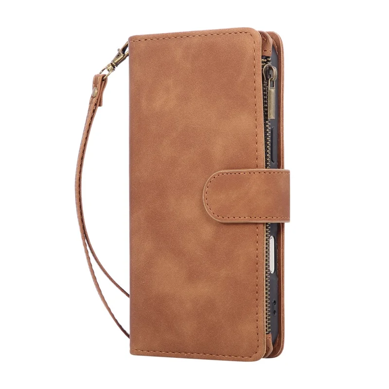 Custodia con Cerniera per iPhone 17 con Portafogli Multipli Slot per Carte, Cover in Pelle con Cinturino da Polso - Marrone