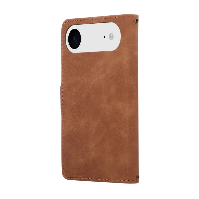 Custodia con Cerniera per iPhone 17 con Portafogli Multipli Slot per Carte, Cover in Pelle con Cinturino da Polso - Marrone