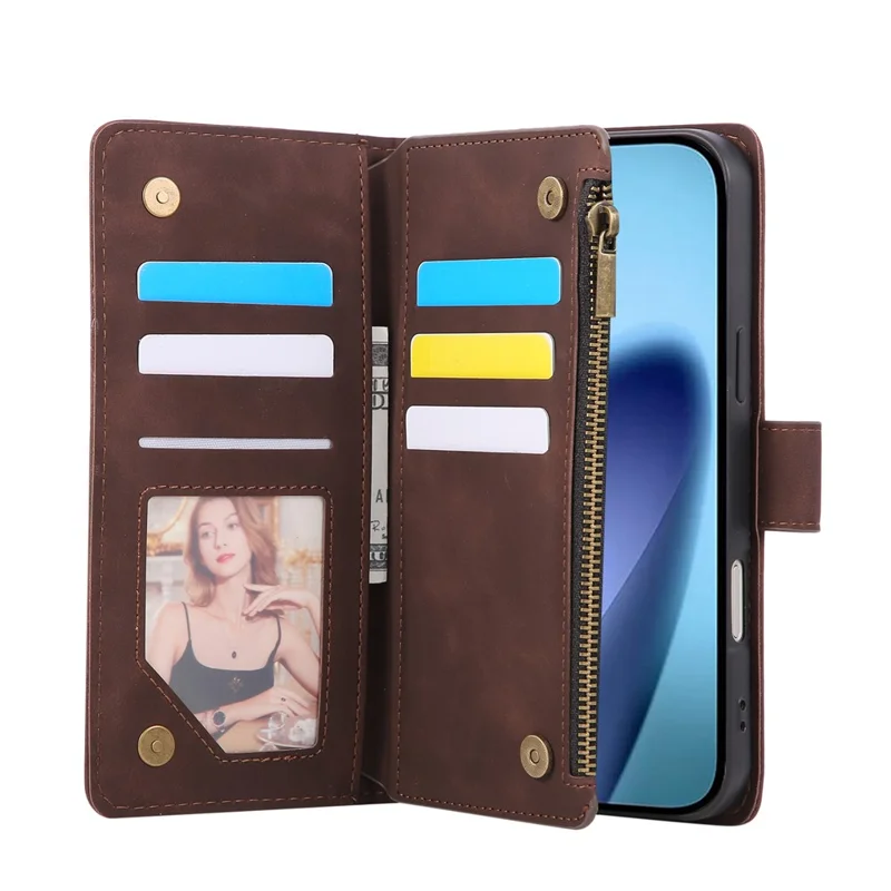 For iPhone 17 Pro Max Case Zipper Wallet Multiple Card Slots Leather Phone Cover with Wrist Strap - Coffee