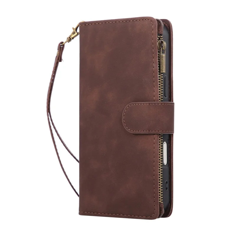 For iPhone 17 Pro Max Case Zipper Wallet Multiple Card Slots Leather Phone Cover with Wrist Strap - Coffee