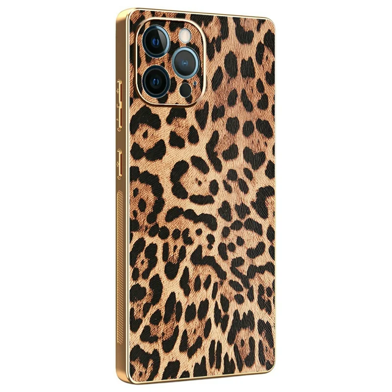 Capa para iPhone 12 Pro Estampa de Leopardo Revestida em Couro PU + Capa de Telefone Eletroplatinada em PC + TPU