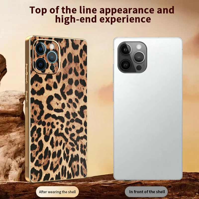 Capa para iPhone 12 Pro Estampa de Leopardo Revestida em Couro PU + Capa de Telefone Eletroplatinada em PC + TPU
