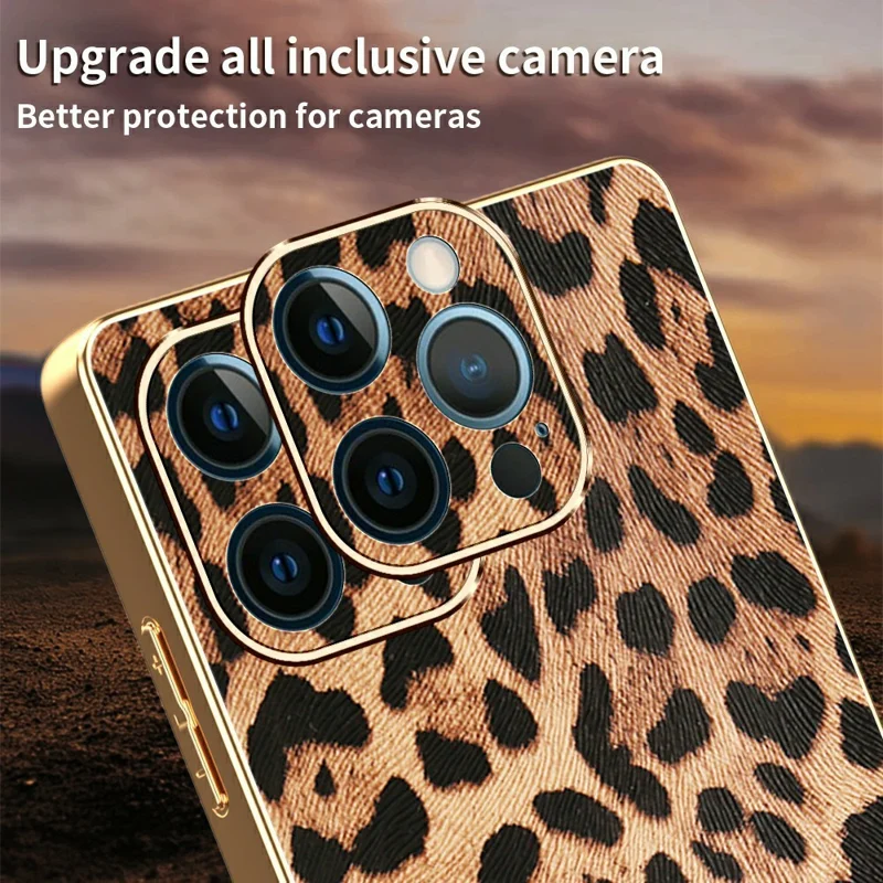 Capa para iPhone 12 Pro Estampa de Leopardo Revestida em Couro PU + Capa de Telefone Eletroplatinada em PC + TPU