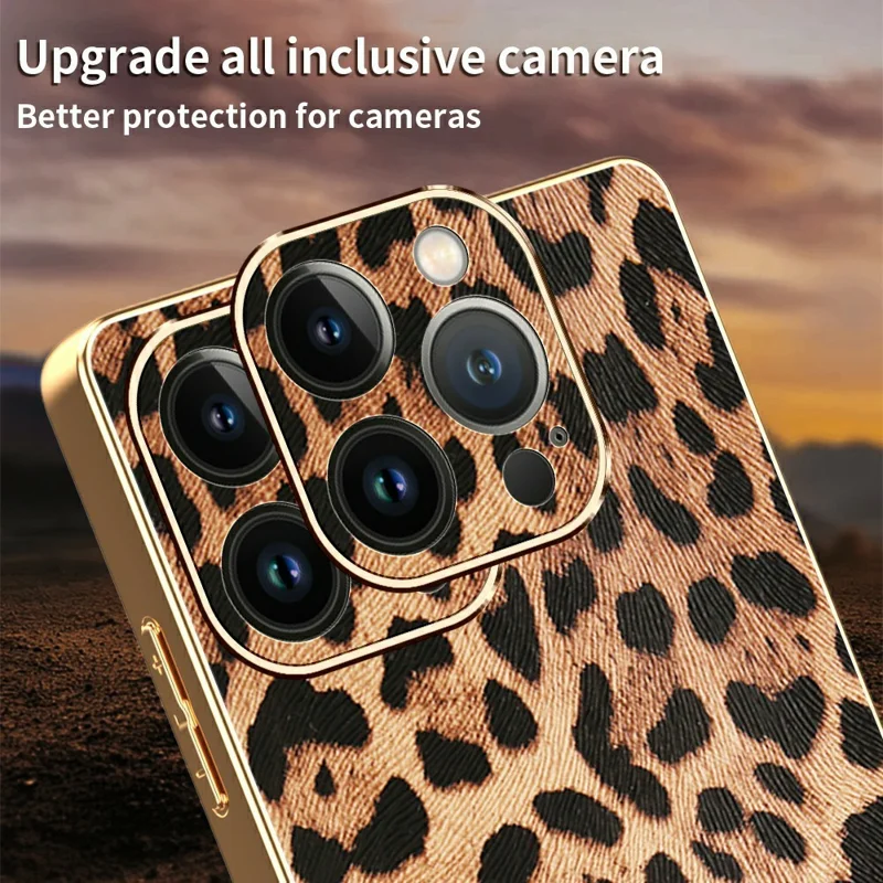 Handyhülle für iPhone 13 Pro Max im Leoparden-Design - PU-Leder beschichtete PC + TPU Electroplating Schutzhülle