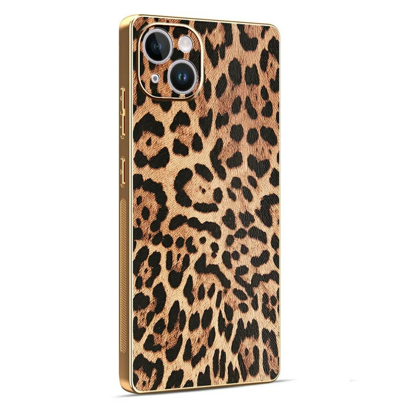 Funda de iPhone 14 con Estampado de Leopardo, Cuero PU Revestido con PC + TPU, Carcasa Electrodepositada