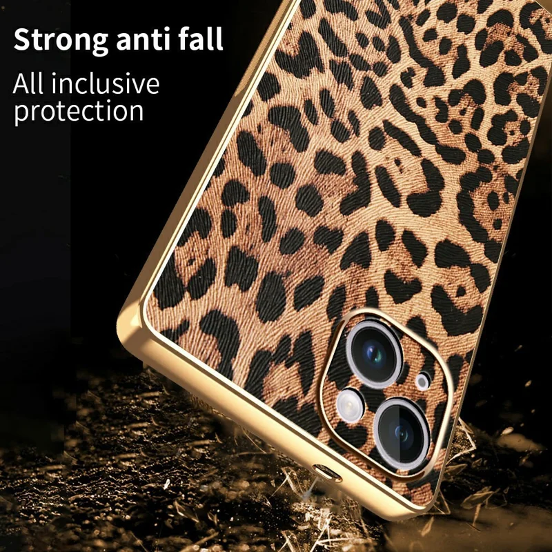Funda de iPhone 14 con Estampado de Leopardo, Cuero PU Revestido con PC + TPU, Carcasa Electrodepositada